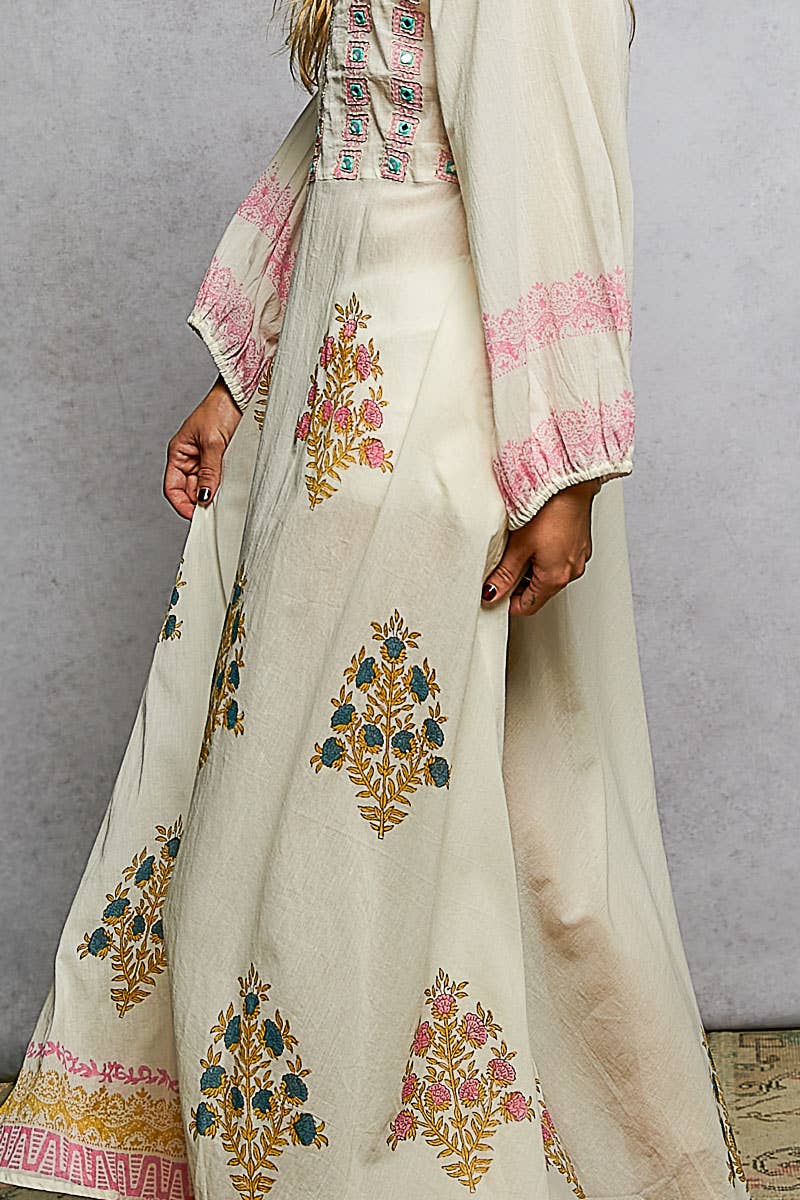 Embroidered Floral Print V-Neck Balloon Sleeve Maxi Dress