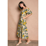 Lemon Print Off-the-Shoulder Puff Sleeve Midi Dress