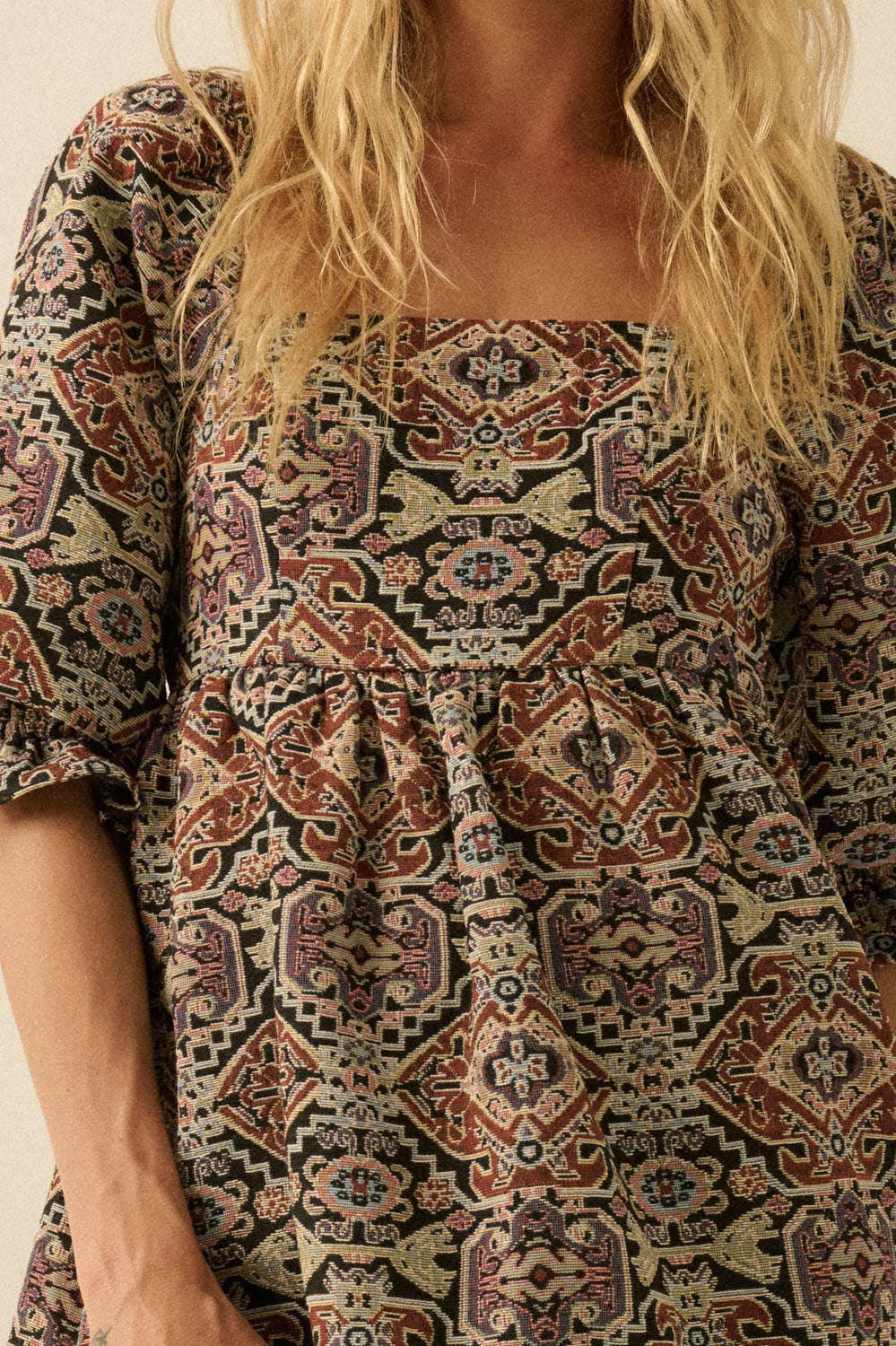 Ornate Jacquard Tapestry Babydoll Mini Dress
