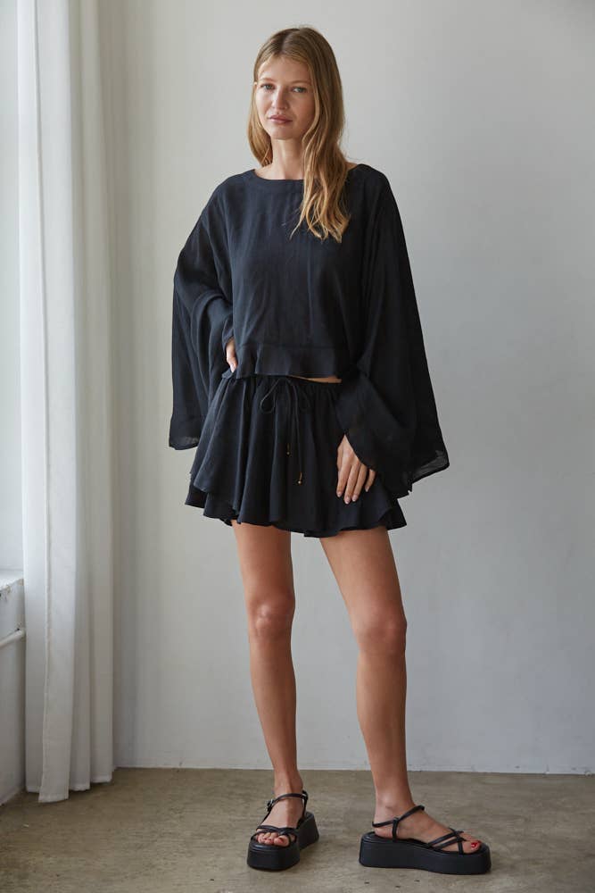 Woven Rayon Nylon Round Neck Long Sleeve Top