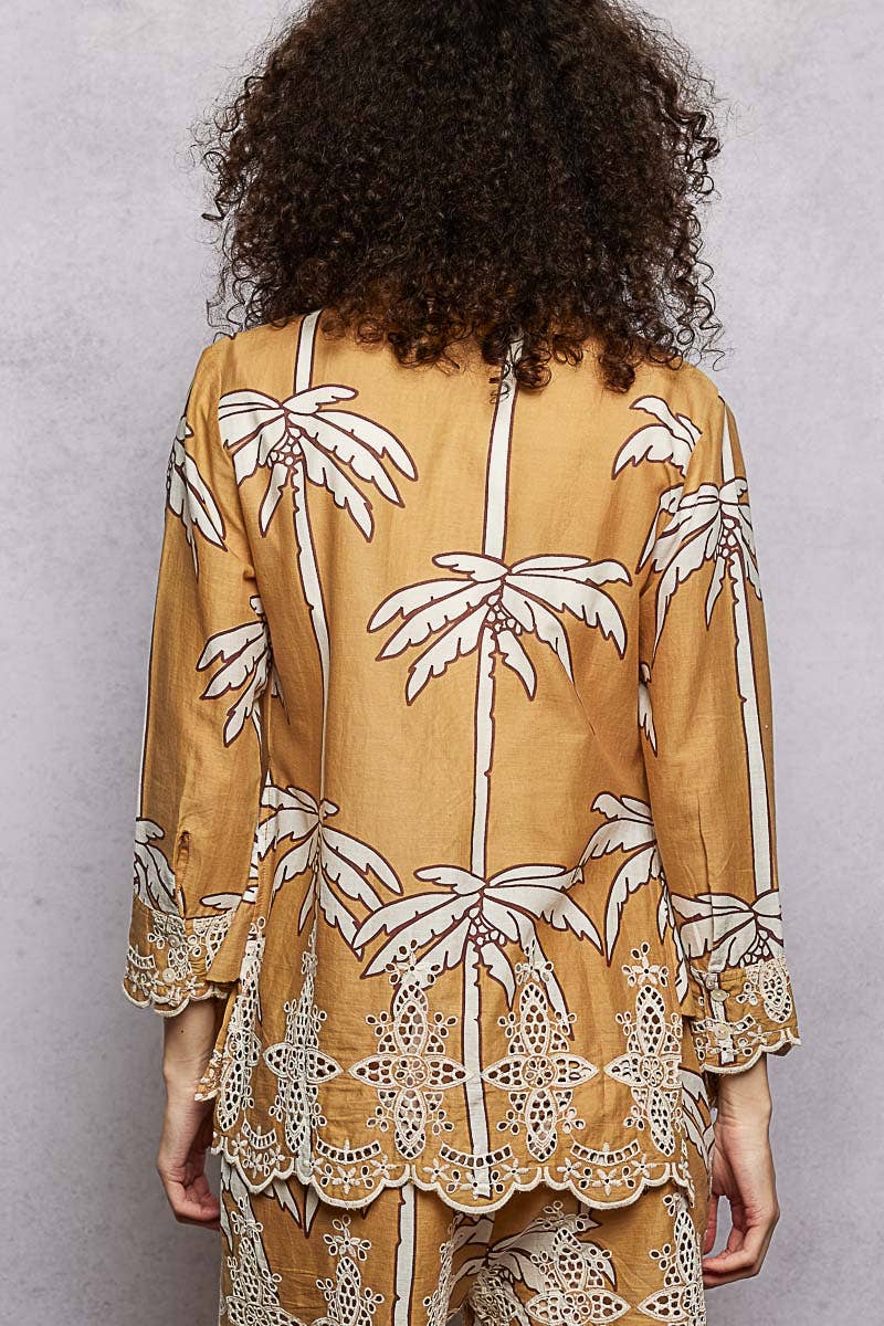 Scalloped Cut-Out Embroidery Printed 3/4 Sleeve Shirt Top