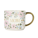 Pastel floral ceramic MOM mug with gold handle, 14oz – product image featuring pink, blue, and green flower design.