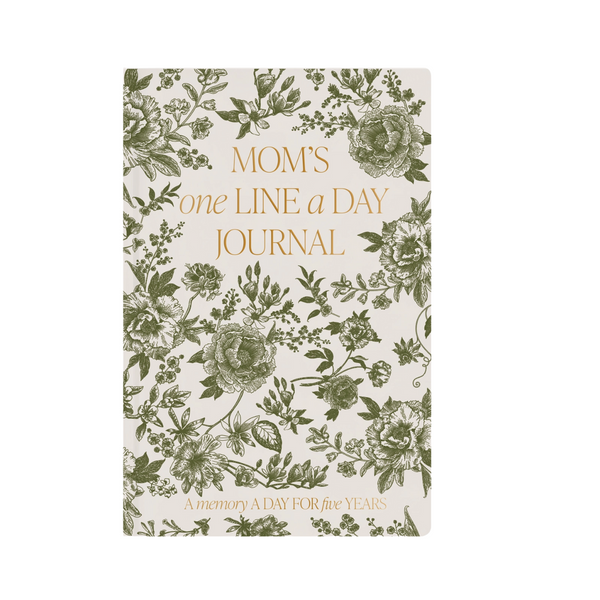 Mom’s One Line a Day memory journal with green botanical floral design and gold foil title – front cover view.