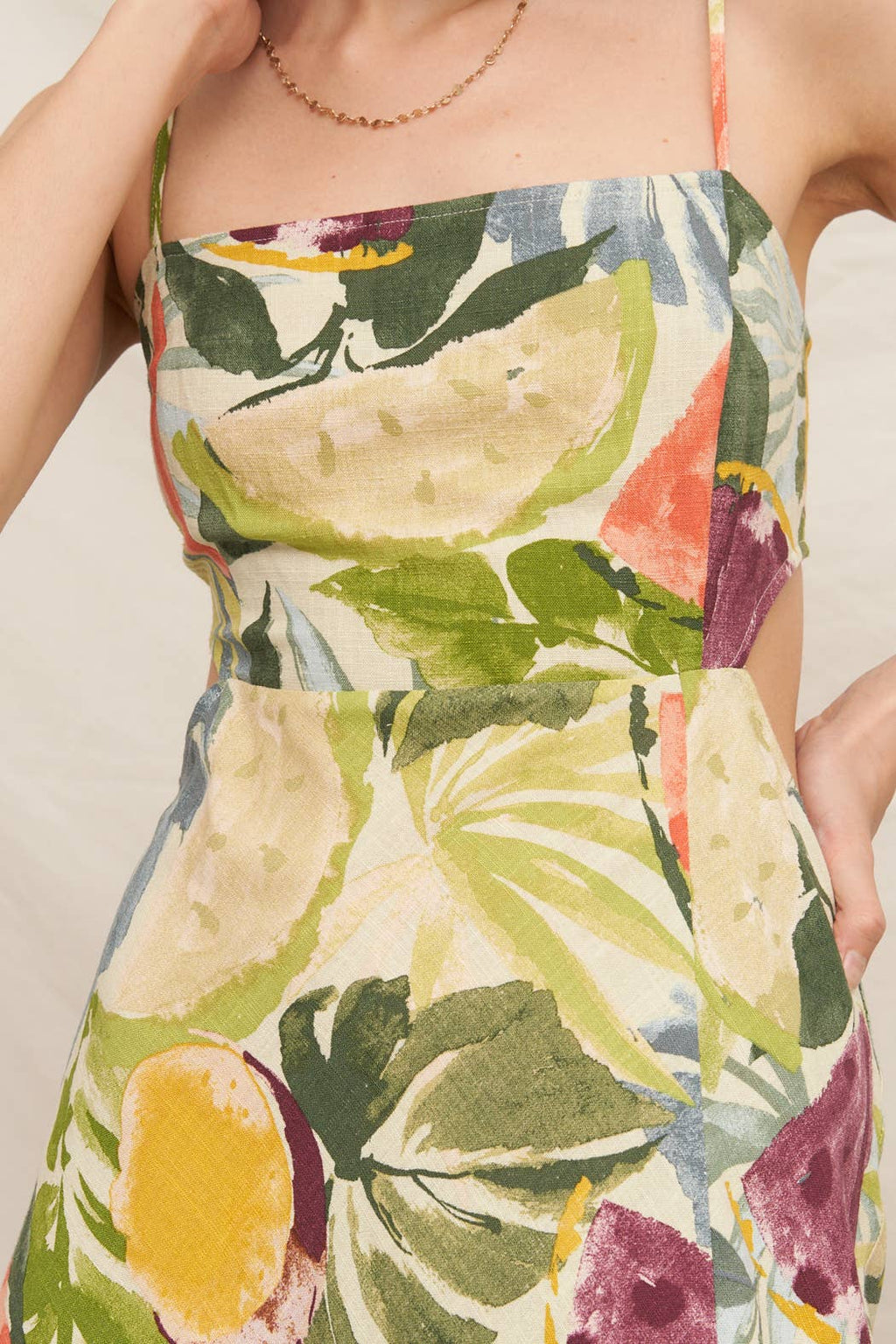 Lola Tropical Fruit Print Tie-Back Midi Dress