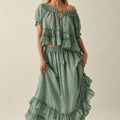 Textured Tonal-Stripe Tiered Ruffle Maxi Skirt