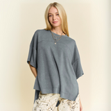 Washed Crew Neck Dropped Dolman Sleeves Top- blue