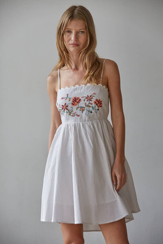 Woven Cotton Striped Cross Stitch Detail Bubble Mini