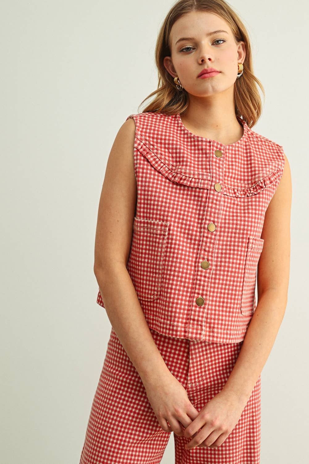 J6362ST GINGHAM PRINTED BUTTON FRONT VEST
