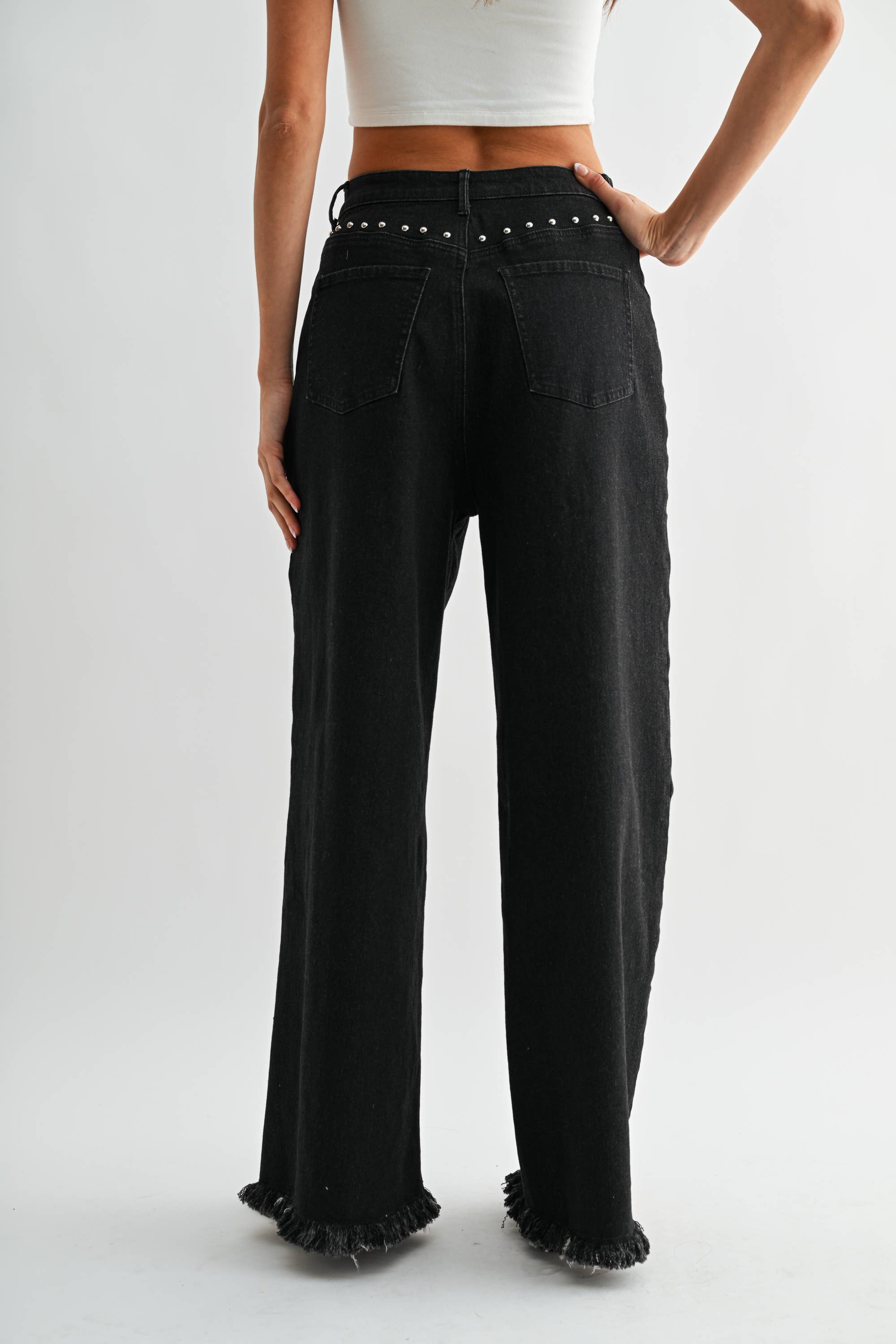 High-Waisted Black Wide-Leg Denim Stud Pants