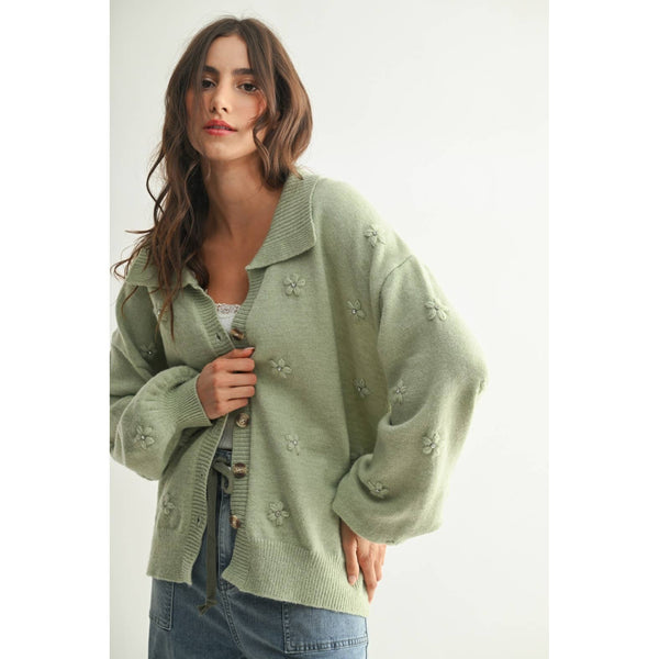 COZY PASTEL CARDGIAN WITH FLORAL EMBELLISHMENTS