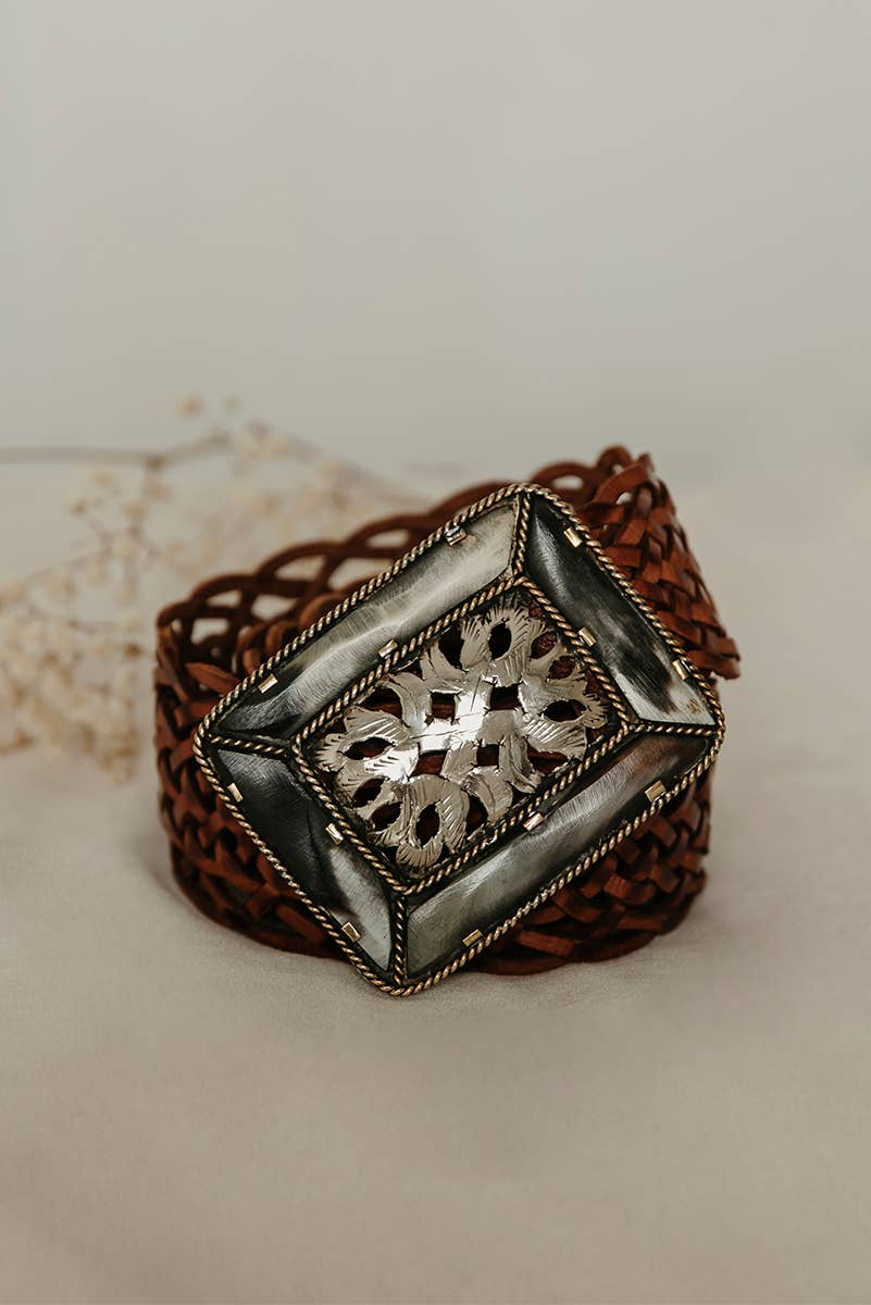 BROWN LEATHER BELT WIDE SQUARE EMPIRE
