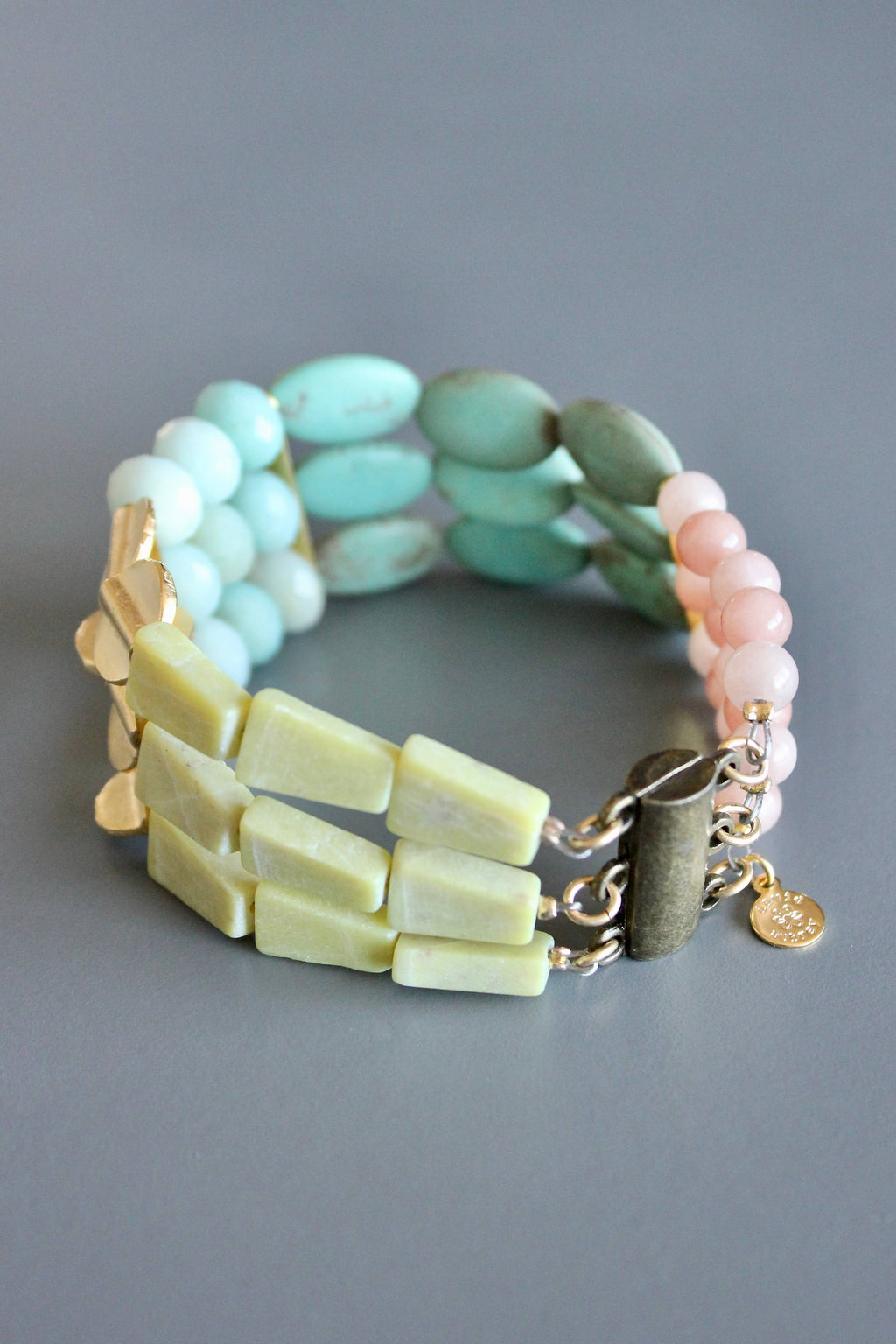 Blush pink, turquoise, and yellow jade bracelet