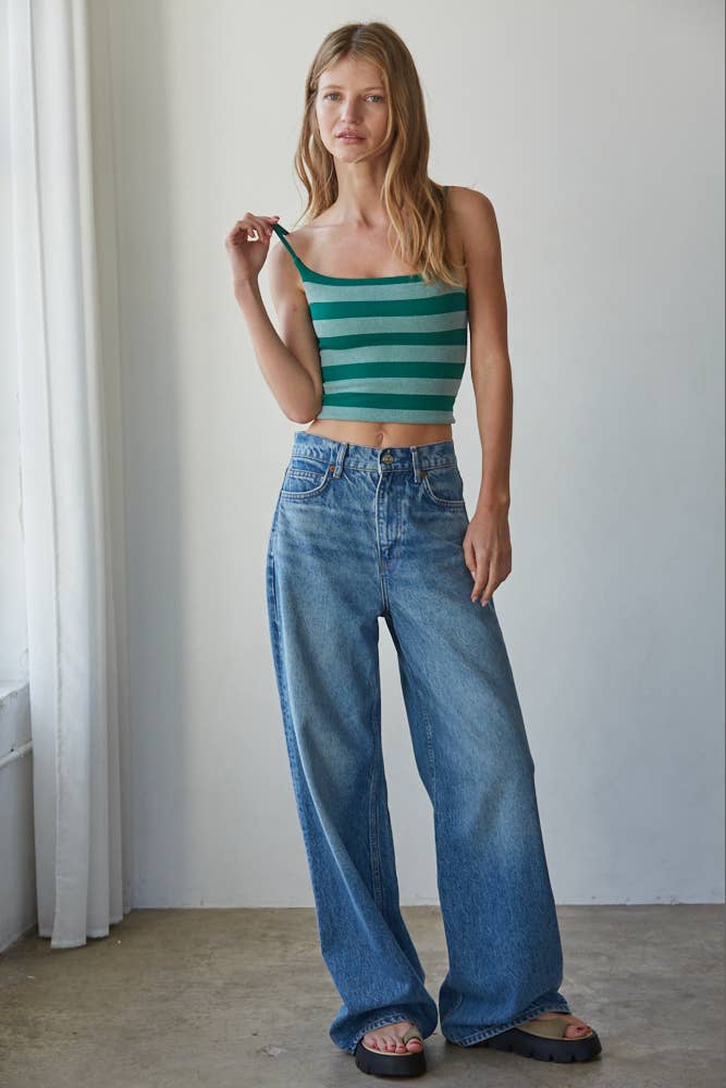 Knit Striped Seamless Cami Strap Reversible Top