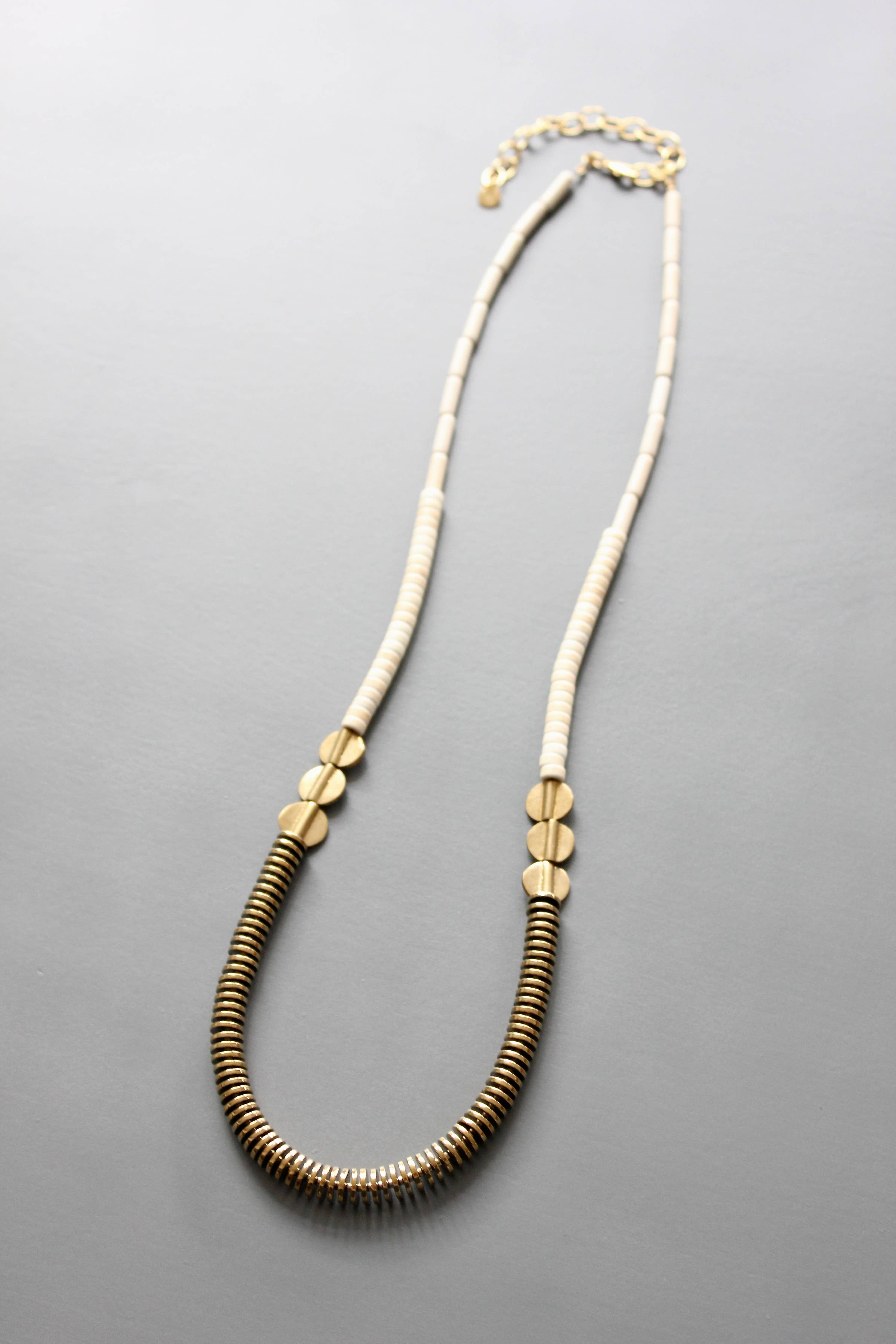 Gold hematite and white disc necklace