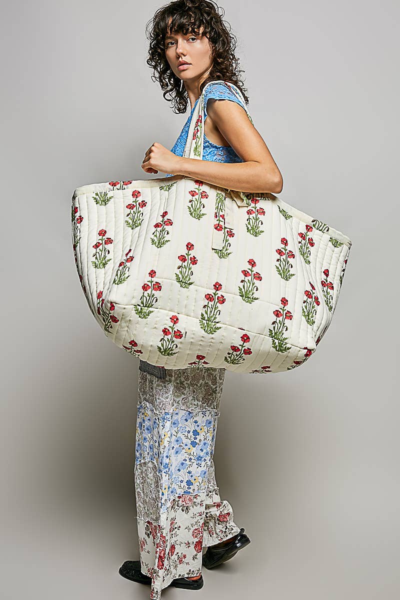 Ribbon-Tie Quilted Floral Jumbo Tote Bag