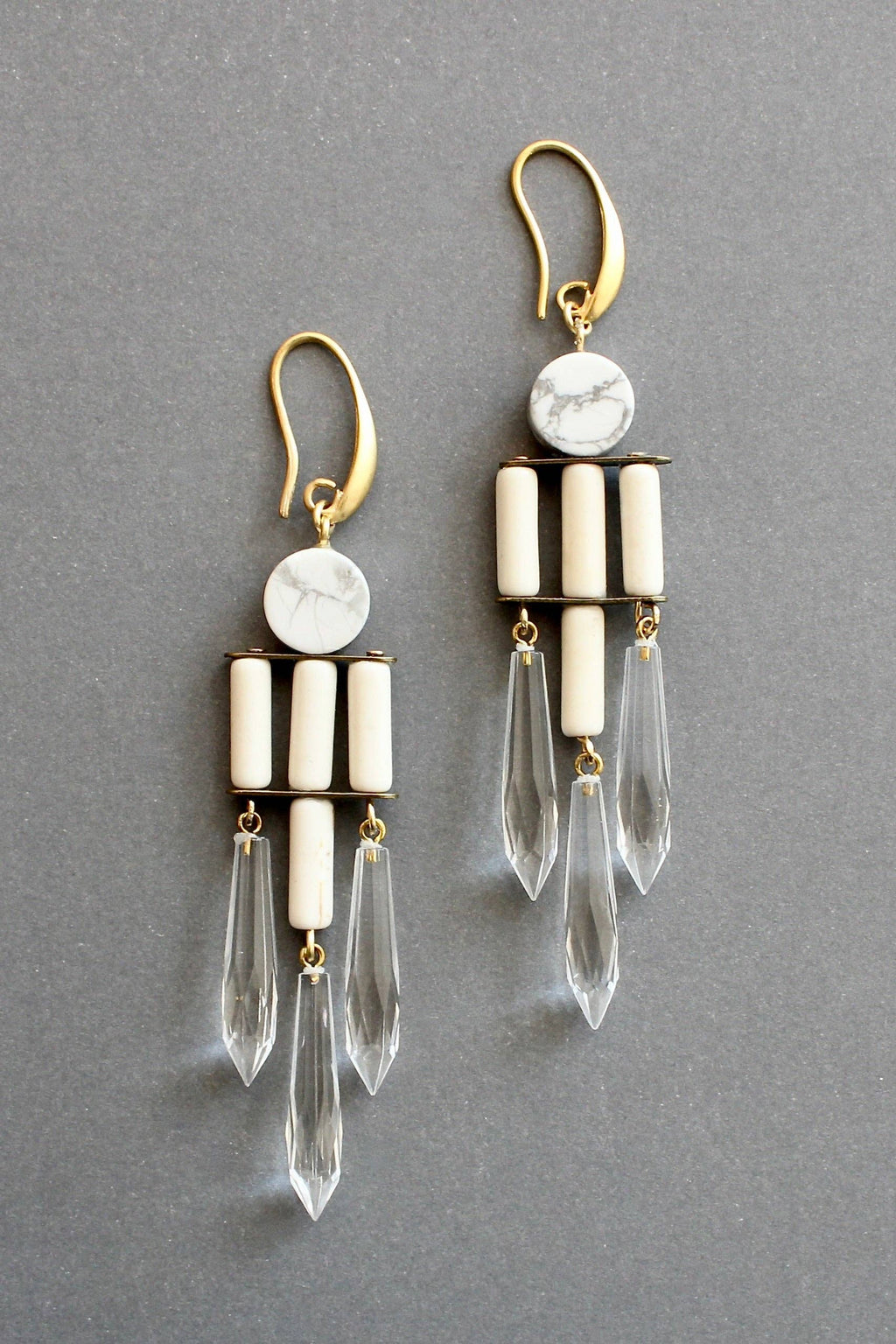 White and crystal geometric chandelier earrings