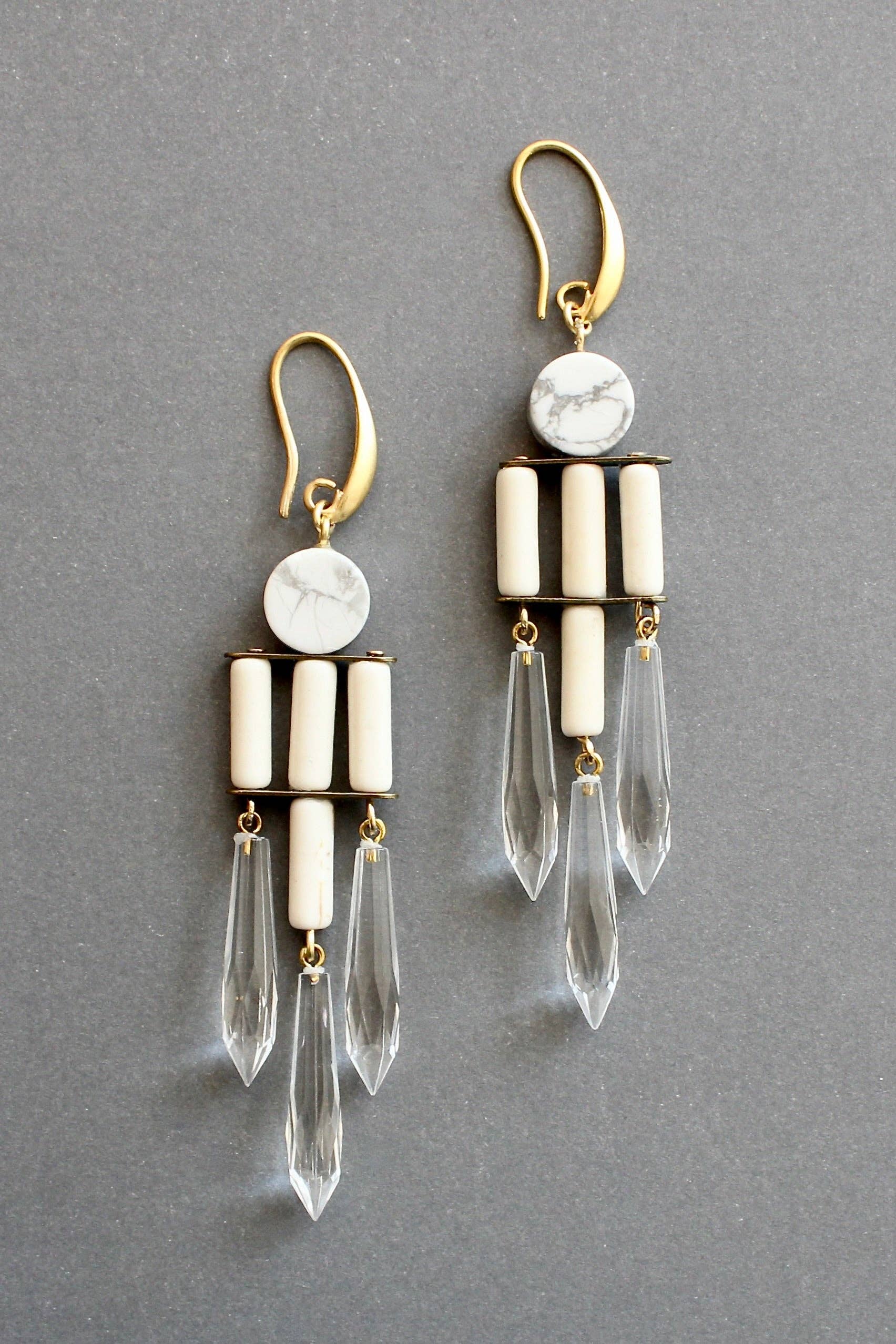 White and crystal geometric chandelier earrings