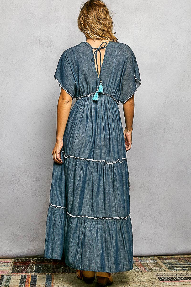 Embroidery Ruffle Neck Loop Cotton Denim V-neck Long Dress