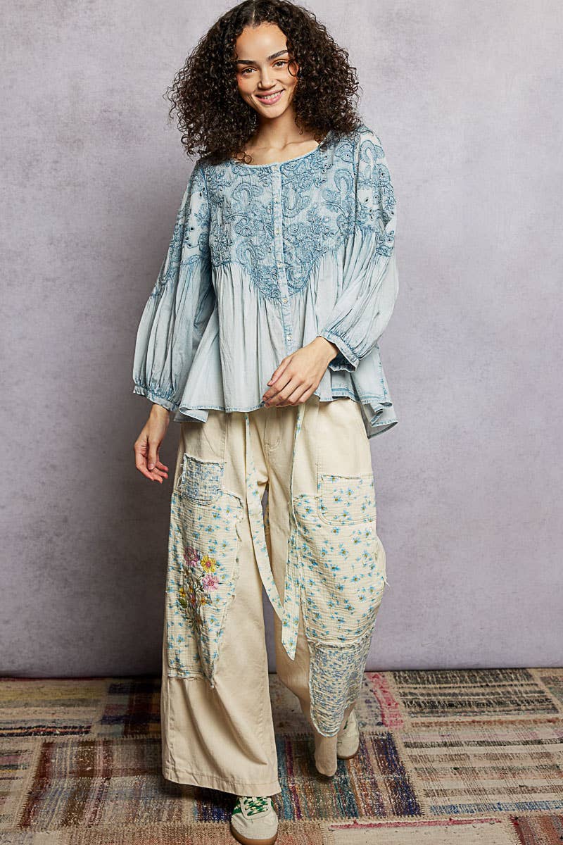 3/4 Sleeve Round Neck Vintage Washing Embroidered Shirt Top