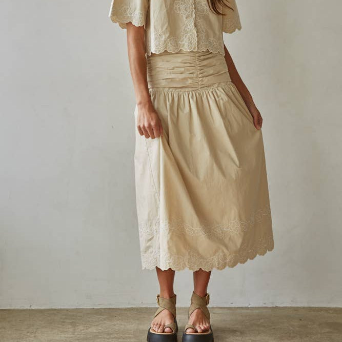 Woven Cotton Floral Embroidered Midi Skirt