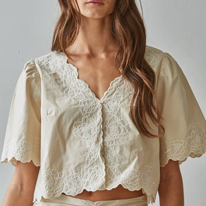 Woven Cotton Floral Embroidered V-Neck Top