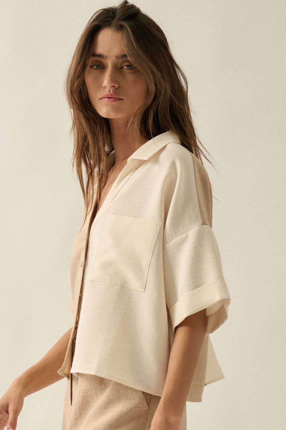 Woven Colorblock Button-Up Short-Sleeve Collared Shirt