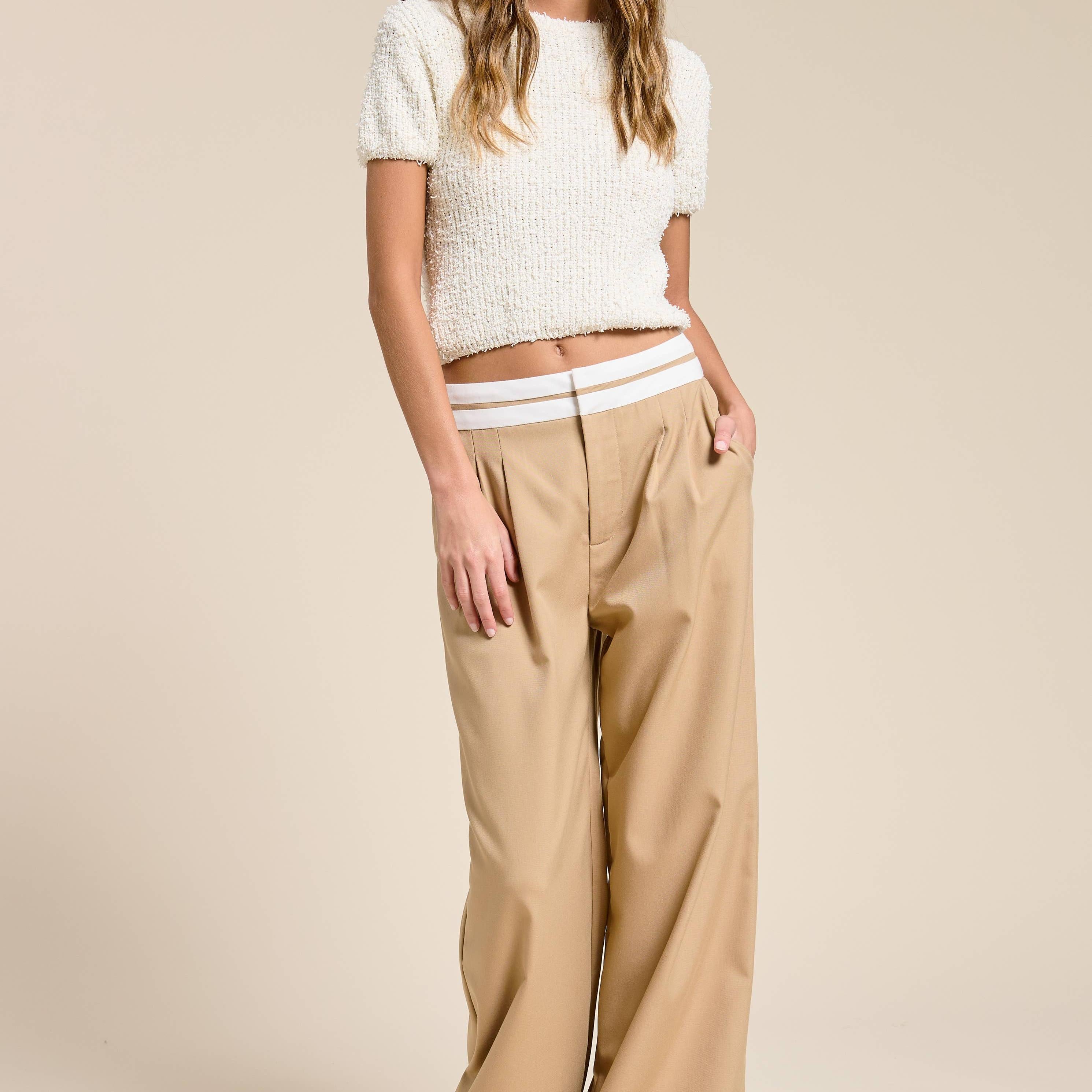 Minimalistic Contrast Waistband Pleated Trouser Pants