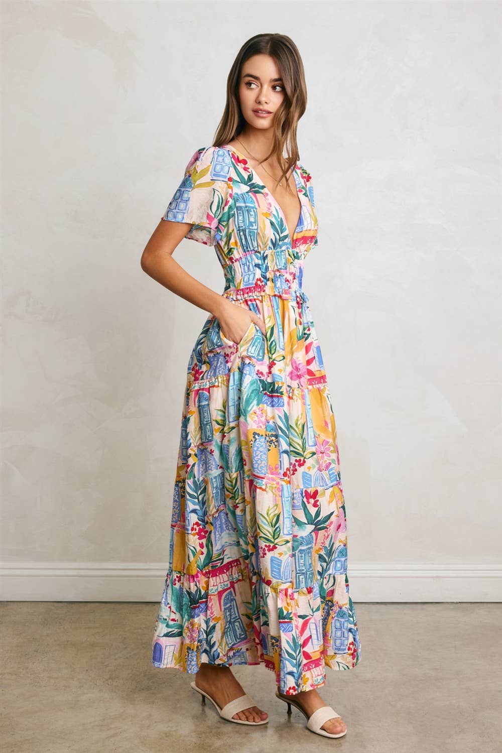 Long Summer Plunging Tiered Maxi Dress