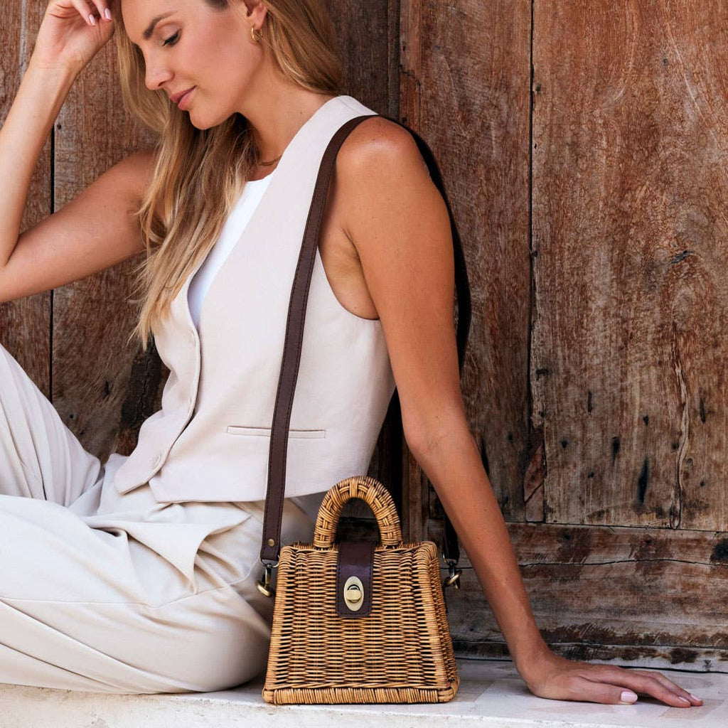 Rattan Petite Handbag with Detachable Crossbody Strap