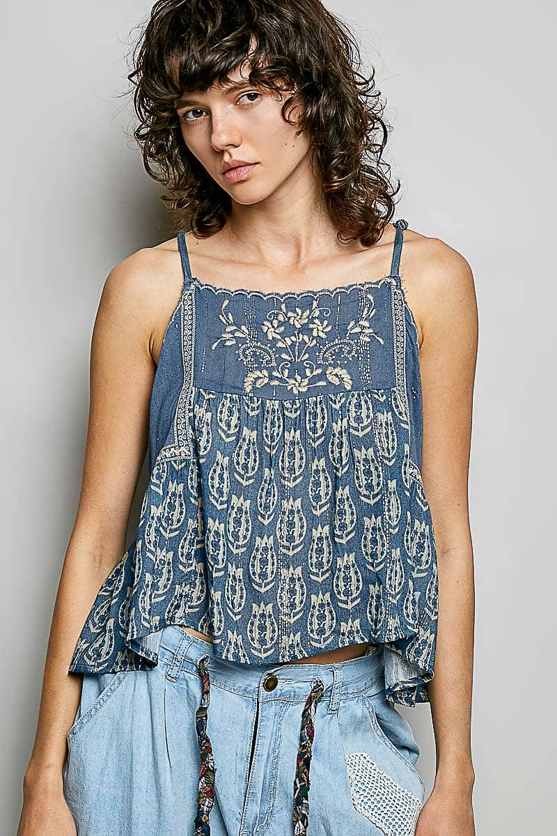 Spaghetti Strap Camisole Printed Embroidered Woven Top