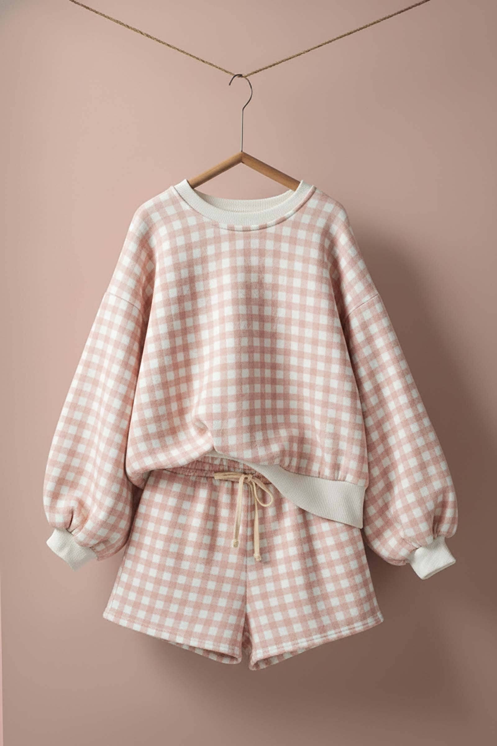 Pink Gingham Fuzzy Knit Lounge Set