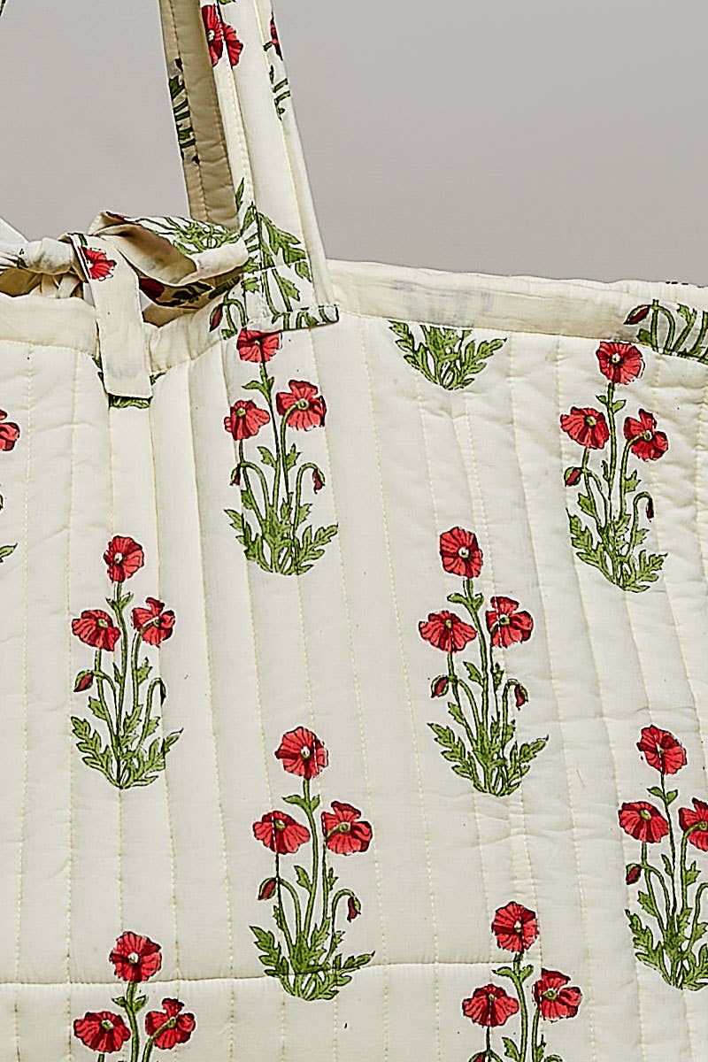 Ribbon-Tie Quilted Floral Jumbo Tote Bag