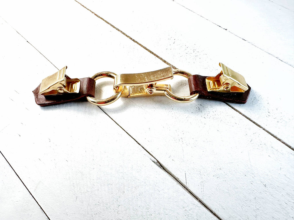 Gold Buckle & Brown Leather Cinch Clip for Dress, Cardigan