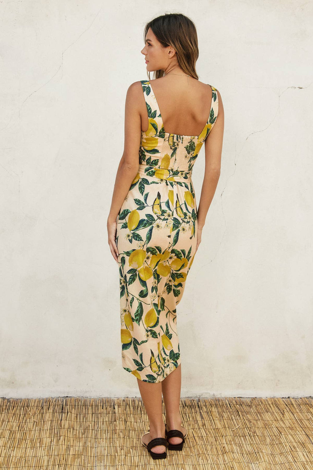 Lemon Print Square Neck Tulip Hem Midi Dress