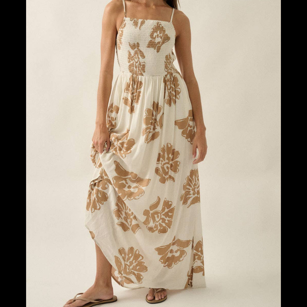 Floral-Print Smocked Open-Back Maxi Dress