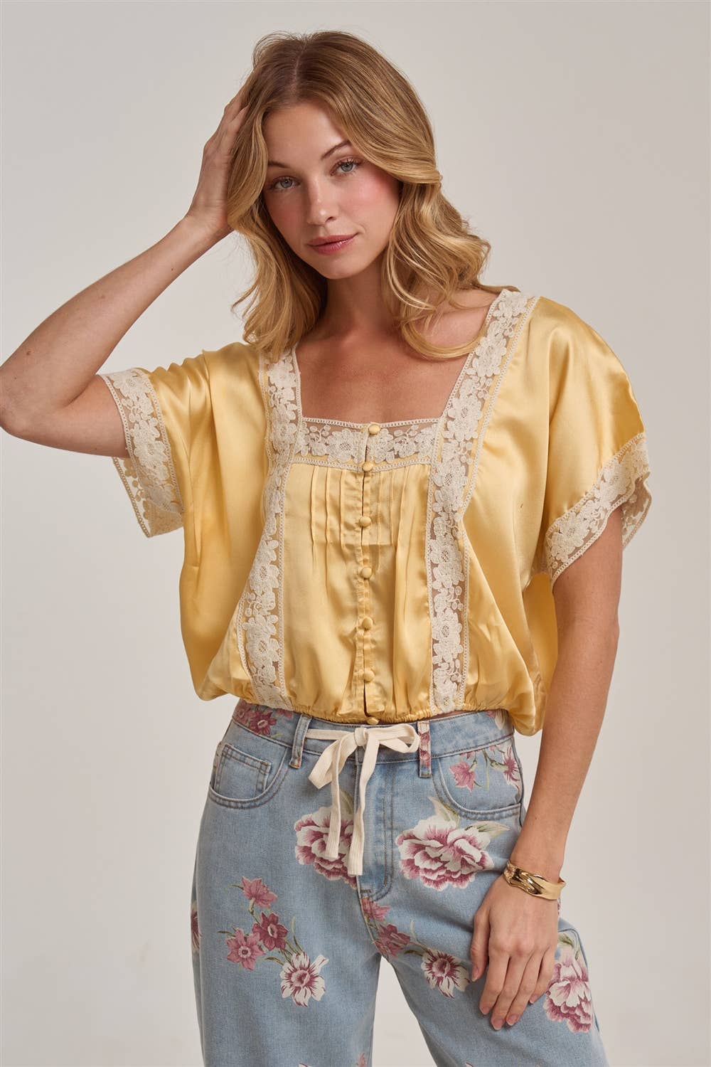 LACE TRIM SQUARE NECK SATIN BLOUSE TOP