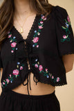 Floral Embroidery Crop Tie Blouse