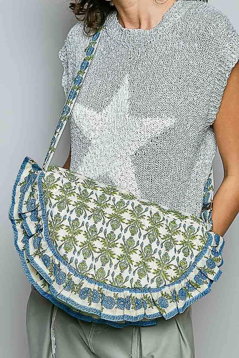 Half Moon Quilted Floral Ruffle Crossbody Bag