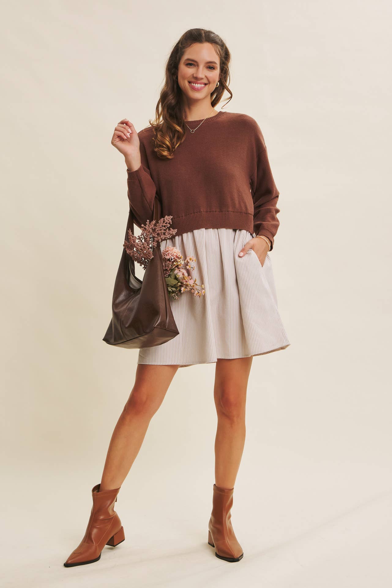 EASY COFFEE DATE BACK RIBBON TWOFER MINI SWEATER DRESS