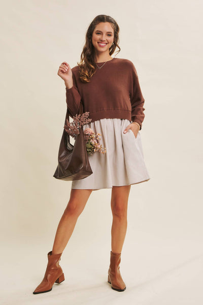 EASY COFFEE DATE BACK RIBBON TWOFER MINI SWEATER DRESS