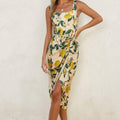 Lemon Print Square Neck Tulip Hem Midi Dress