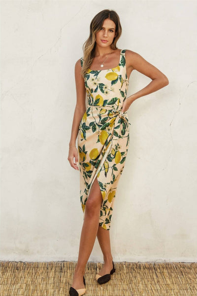 Lemon Print Square Neck Tulip Hem Midi Dress