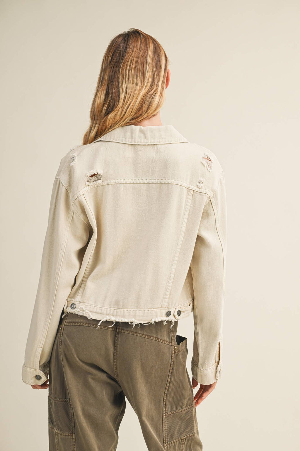 LIGHTWEIGHT DISTRESSED DENIM JACKET - BONE