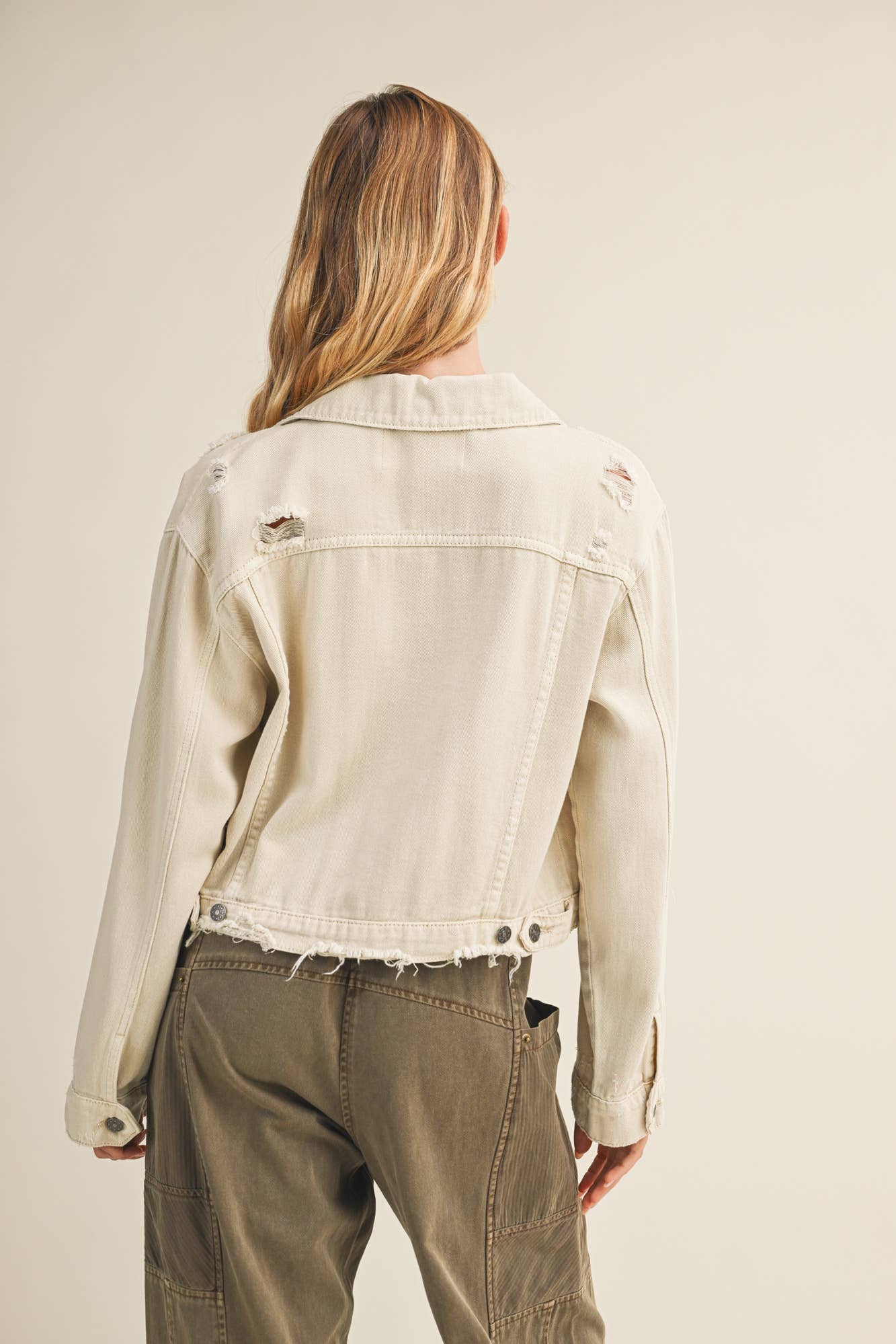 LIGHTWEIGHT DISTRESSED DENIM JACKET - BONE