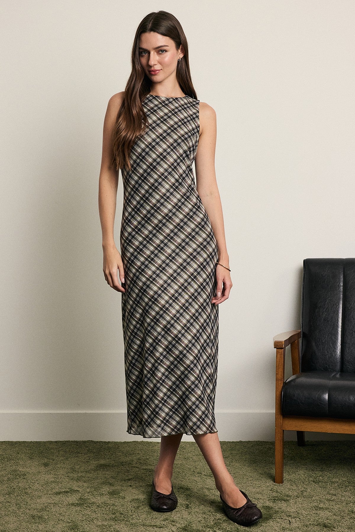 Kayda Plaid Mesh Midi Dress