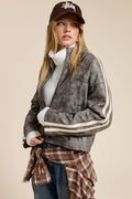 Washed Faux Leather Moto Jacket with Stripe Detail