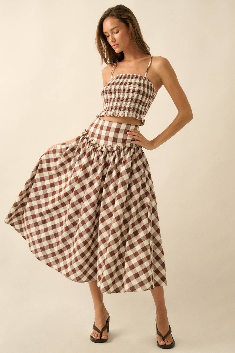 Gingham Plaid Smocked Cropped Ruffle Cami Top