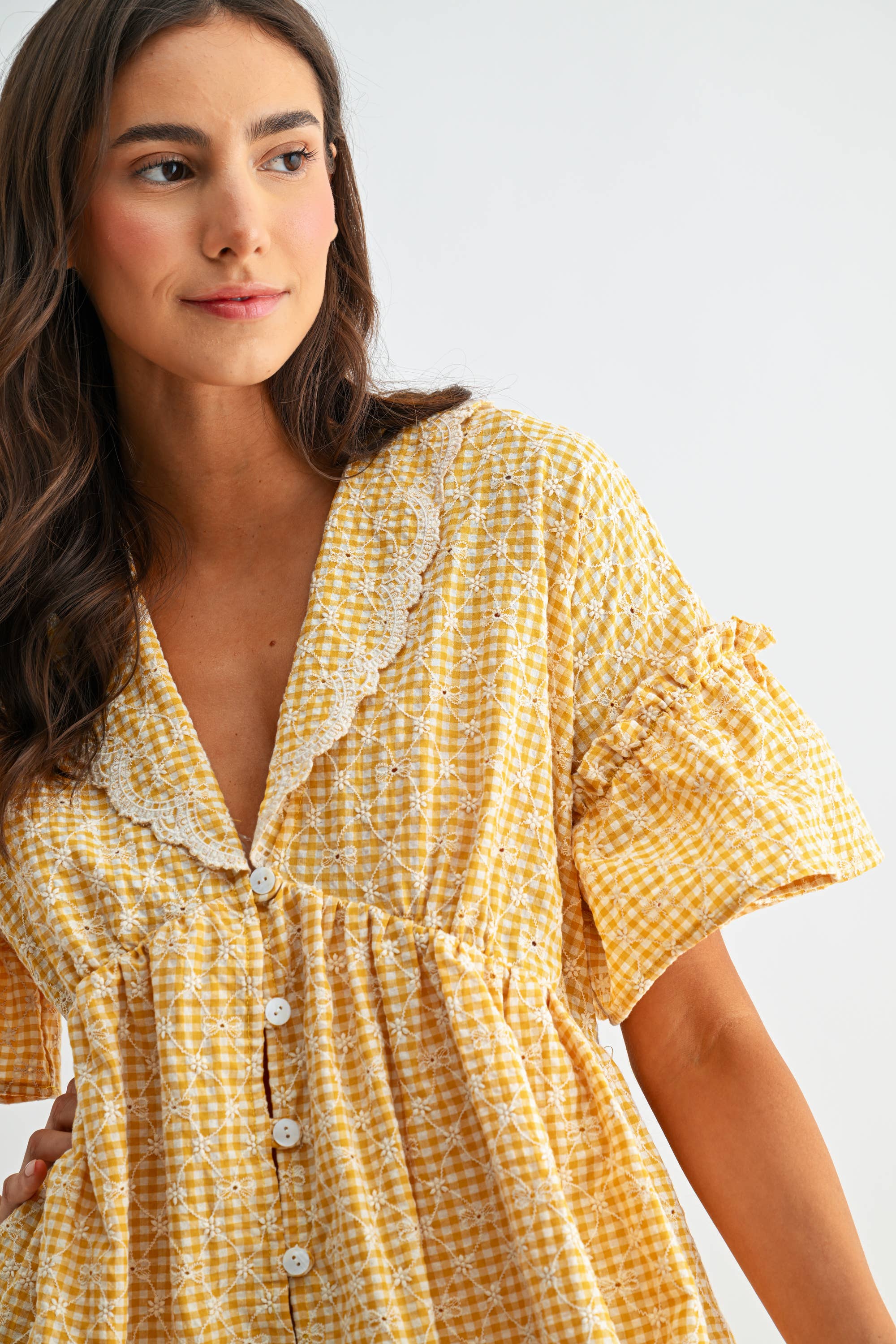 Sunny Days Gingham Lace-Trim Babydoll Dress