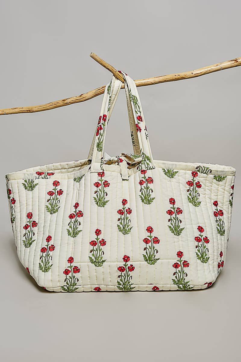 Ribbon-Tie Quilted Floral Jumbo Tote Bag