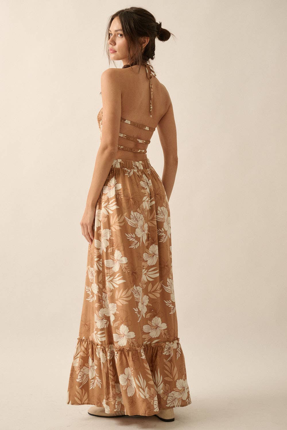 Floral Smocked-Bodice Maxi Halter Dress